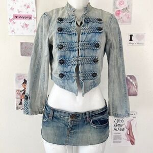 Y2K Light Wash Denim Braided Military Crop Jacket Size 8 — Indie Sleaze / Boho